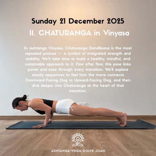 Sunday 21 December 2025. II. CHATURANGA in Vinyasa. In Ashtanga Vinyasa, Chaturanga Dandāsana is the most repeated posture — a symbol of integrated strength and stability. We’ll take time to build a healthy, mindful, and sustainable approach to it. Flow after flow, this pose links power and ease through every transition. We’ll explore steady sequences to feel how the move connects Downward-Facing Dog to Upward-Facing Dog, and then dive deeper into Chaturanga at the heart of that transition.